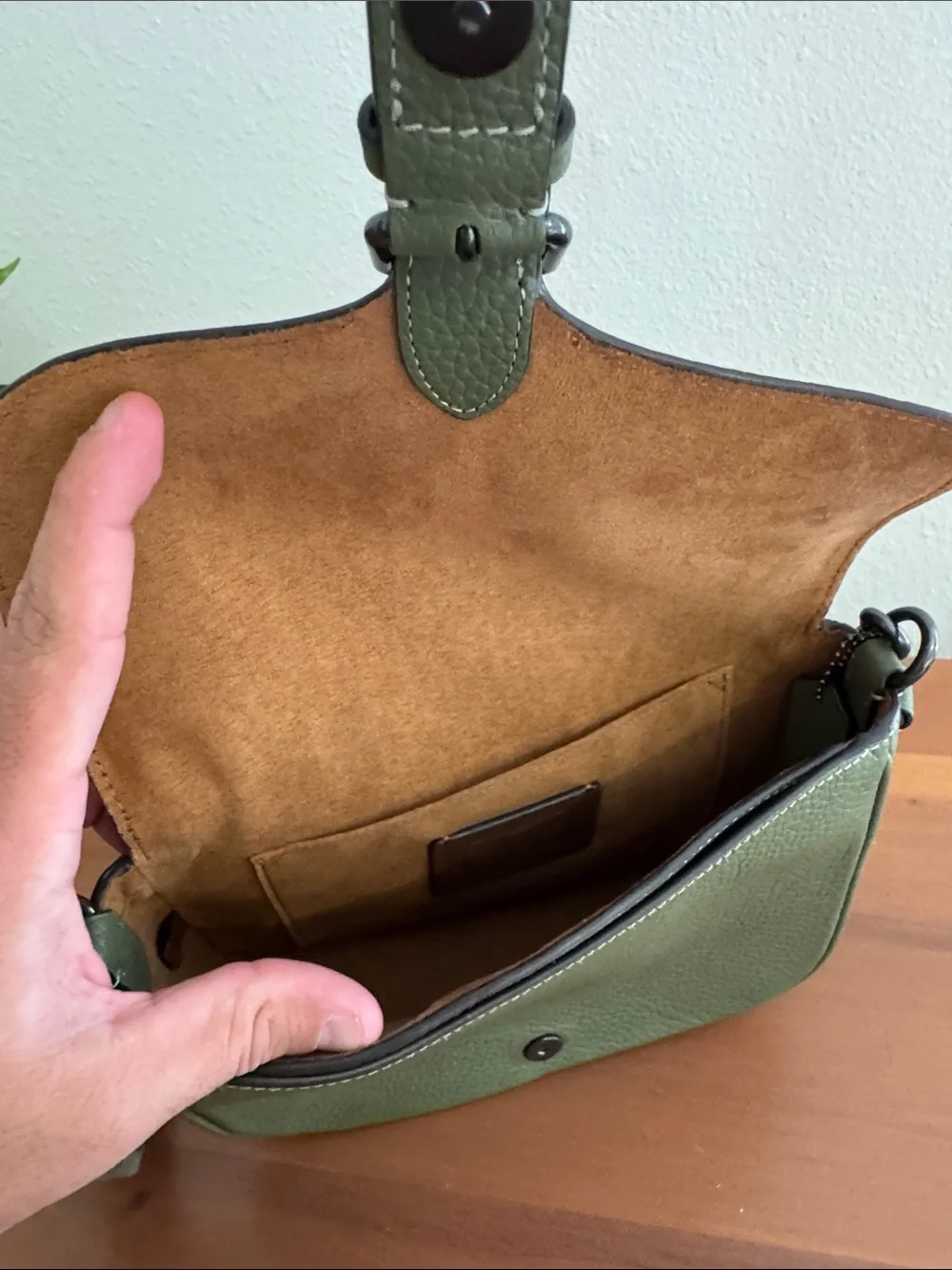 Coach Olive Green Pebbled Leather Flap Crossbody with Buckle